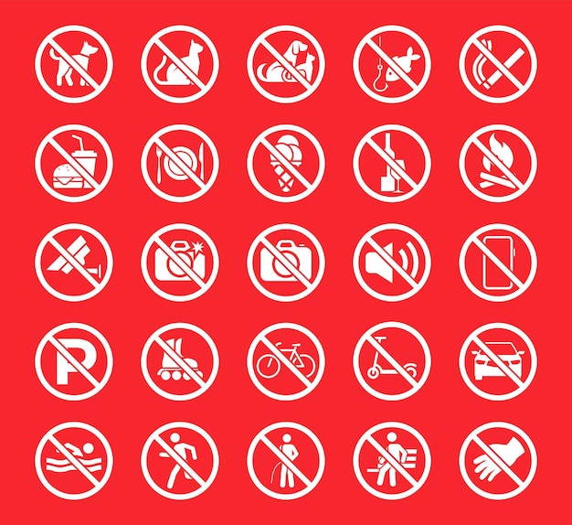 Set van verbod pictogrammen verbod waarschuwing rode cirkel met schuine lijn vectorillustratie