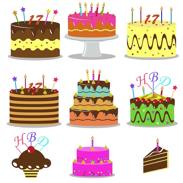 Set van verjaardagstaarten dessert cartoon pictogrammen