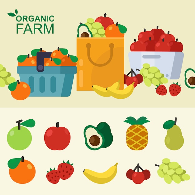 Set van vers fruitmand, papieren zak, kar, plaatselijke winkel. vector illustratie