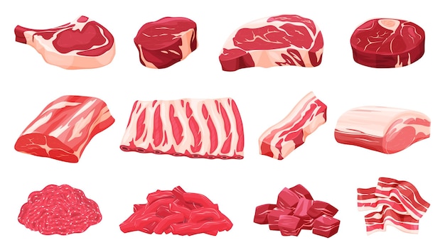 Set van vers vlees Verschillende delen van dierlijk vlees rundvlees en varkensvlees Vectorillustratie