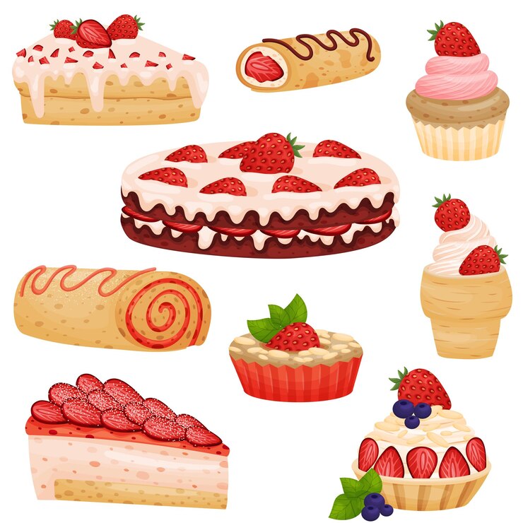 Vector set van verschillende aardbeientaarten vectorillustratie op witte achtergrond
