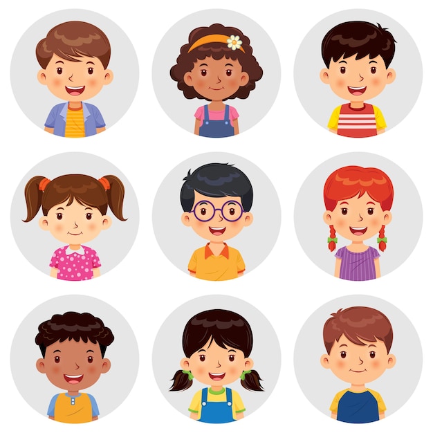 Set van verschillende avatars van jongens en meisjes glimlachen op de grijze cirkelflats.