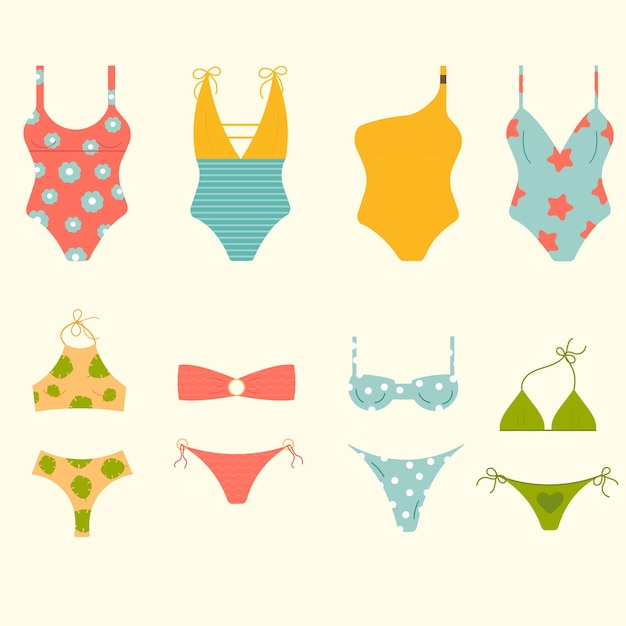 Vector set van verschillende badpakken voor dames geïsoleerd tegen de achtergrond badpak of bikini