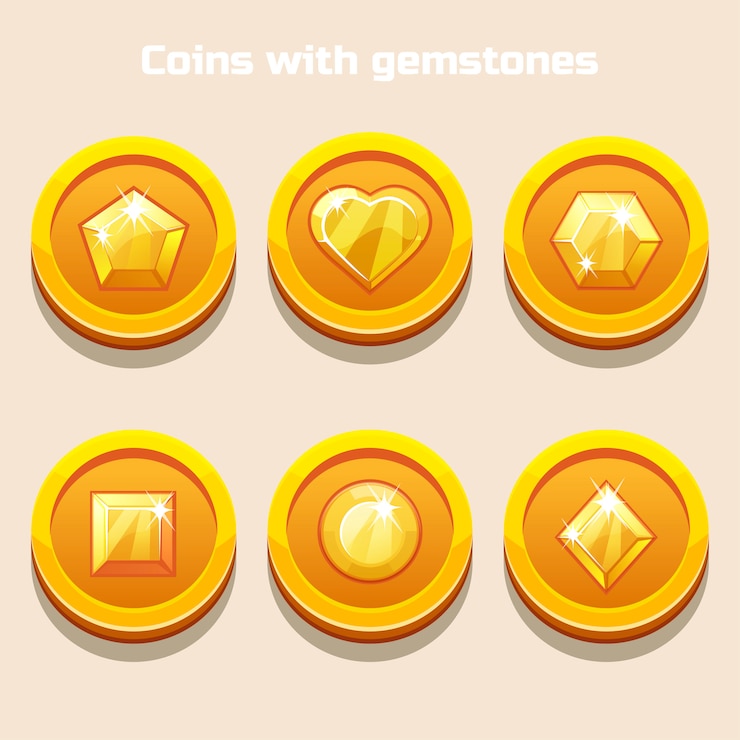 Set van verschillende cartoon munten met edelstenen binnen, voor web game of applicatie-interface