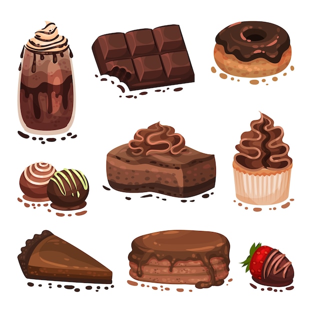 Vector set van verschillende chocoladedesserts