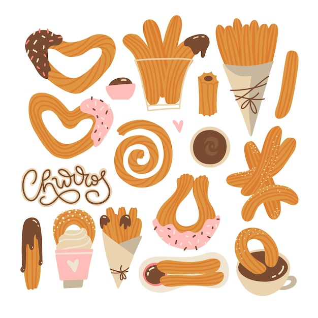 Set van verschillende churros-vormen met chocoladesaus Mexicaanse snack handgetekende platte vector illustrat