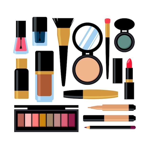 Set van verschillende cosmetische producten. Nagellak, mascara, lippenstift, oogschaduw, penseel, poeder, lipgloss.