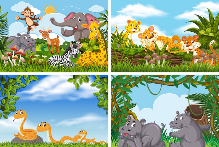 Vector set van verschillende dieren in natuurtaferelen