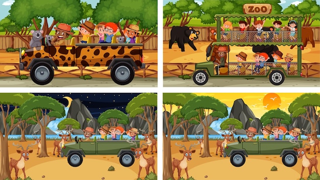 Set van verschillende dieren in safaritaferelen met kinderen