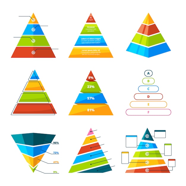 Vector set van verschillende driehoeken en piramides met niveaus