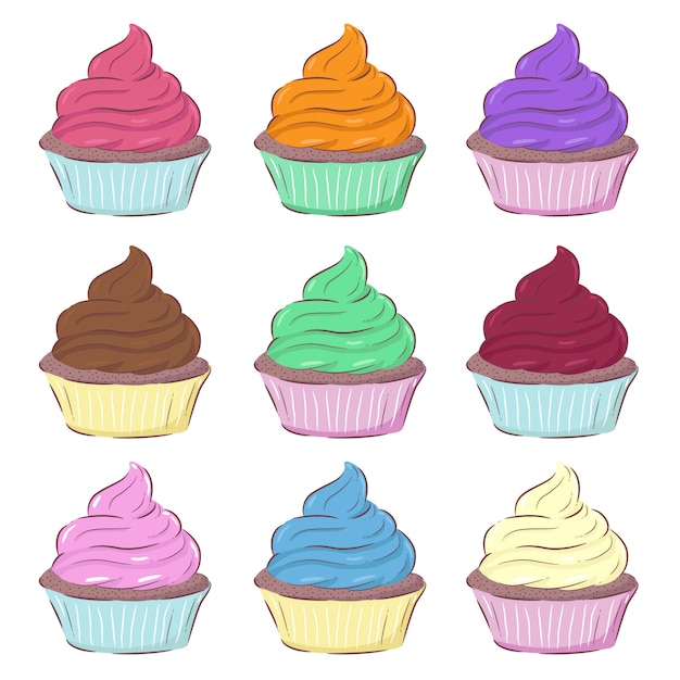 Vector set van verschillende gearomatiseerde cupcakes