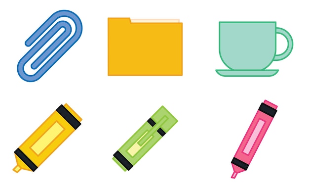Set van verschillende gekleurde pictogrammen voor kantoorbenodigdheden Vector