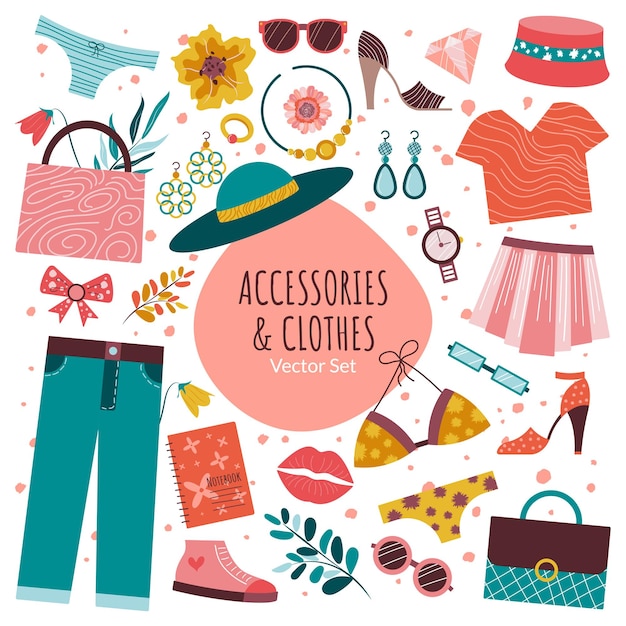 Vector set van verschillende handgetekende accessoires en kleding bundel accessoires voor kledingtassen