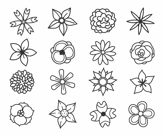 Set van verschillende handgetekende bloempictogrammen in eenvoudige doodle-stijl vectorillustratie