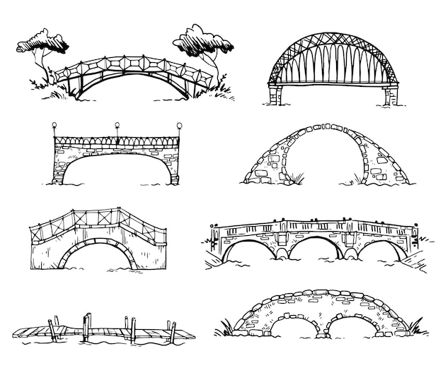 Vector set van verschillende handgetekende bruggen, vectorschets