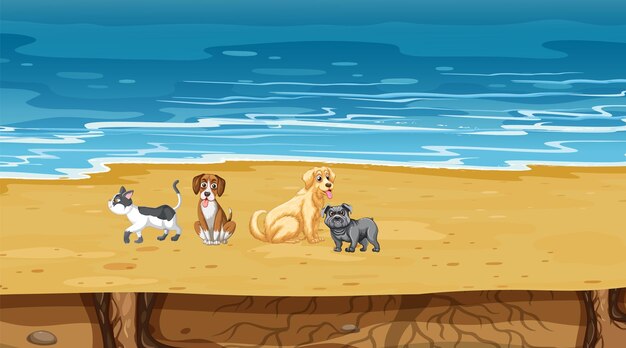 Set van verschillende huisdieren op het strand