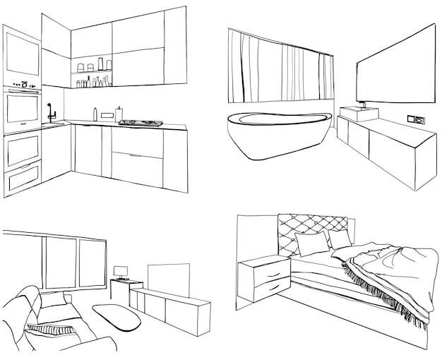 Set van verschillende interieur hand getrokken schets keuken woonkamer badkamer slaapkamer werkplek