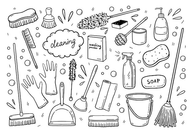 Set van verschillende items voor het schoonmaken in doodle-stijl