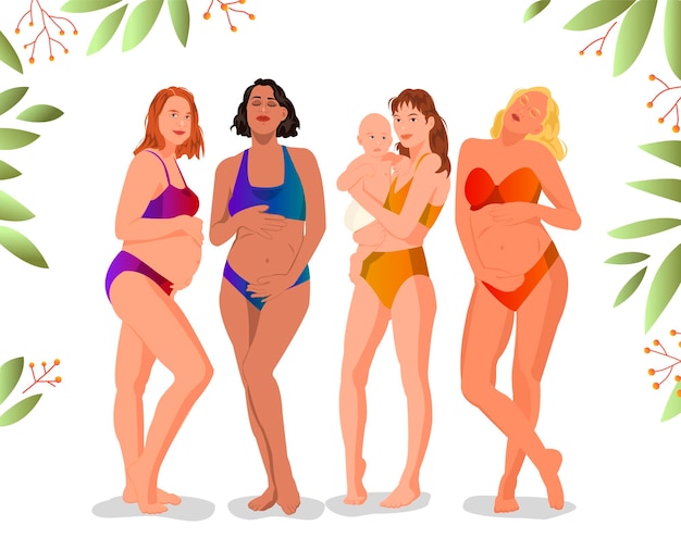 Set van verschillende jonge zwangere vrouwen in zwembroek Zwangerschap in de zomer op strandresort Mode-look met verschillende kapsels en kleur van bikini Gelukkig gezond moederschap Vector illustratie