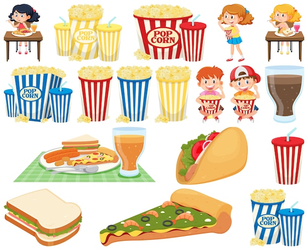 Set van verschillende junkfood en kinderen
