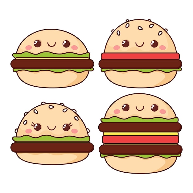 Set van verschillende kawaii hamburgers