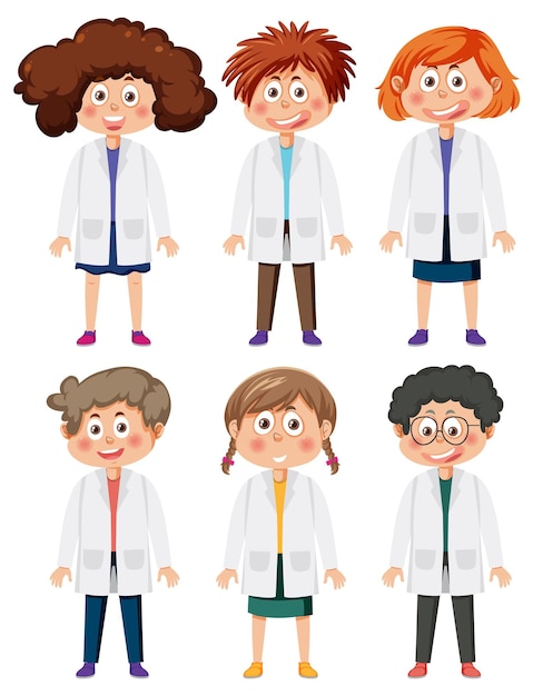Set van verschillende kinderen in outfits van wetenschappers