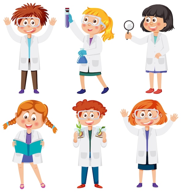 Set van verschillende kinderen in outfits van wetenschappers