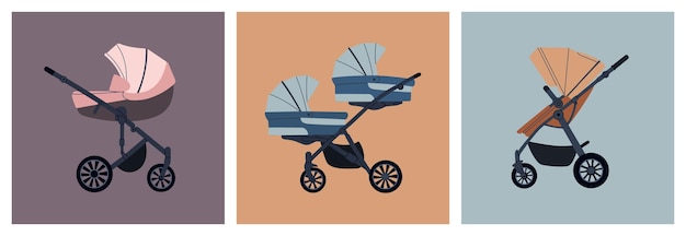 Vector set van verschillende kinderwagens voor jongens en meisjes moderne kinderwagens voor tweelingen en pasgeborenen