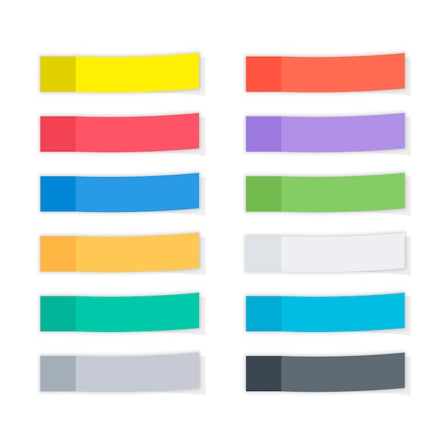 Set van verschillende kleur sjabloon plaknotities, herinneringen, bladwijzers met schaduwen. Papieren plakband met schaduw. Veelkleurig papieren plakband, rechthoekige lege kantoorspaties, herinneringslijsten.