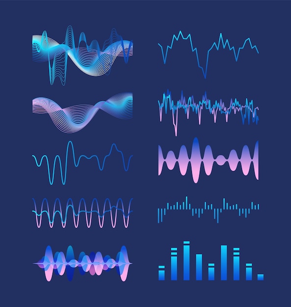 Set van verschillende kleurrijke geluidsmuziek golven, audio of akoestische elektronische signalen geïsoleerd op donkere achtergrond. bundel van oscillatie-, vibratie- en fluctuatievisualisaties. vector illustratie.