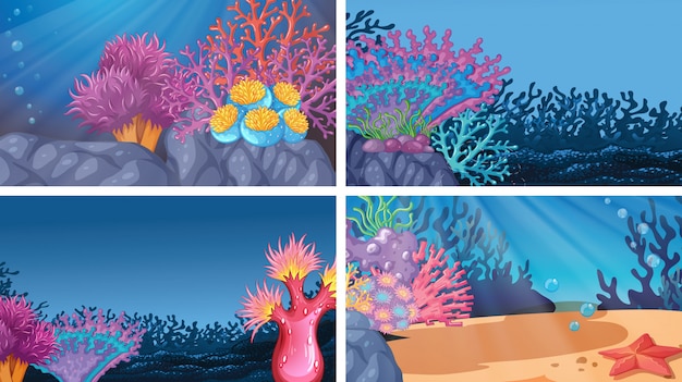 Vector set van verschillende kleurrijke onderwatertaferelen