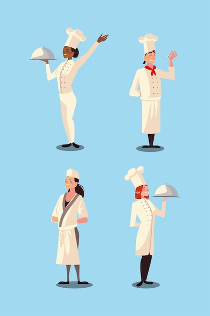 Vector set van verschillende mannelijke en vrouwelijke chef-koks werknemer professioneel restaurant vectorillustratie