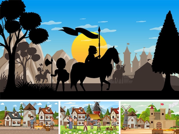 Set van verschillende middeleeuwse scènes met silhouette