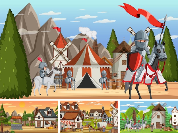 Set van verschillende middeleeuwse scènes