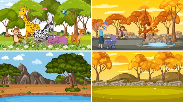 Set van verschillende natuurscènes achtergrond in cartoon-stijl