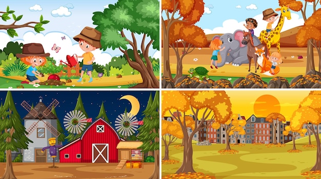 Set van verschillende natuurscènes achtergrond in cartoon-stijl