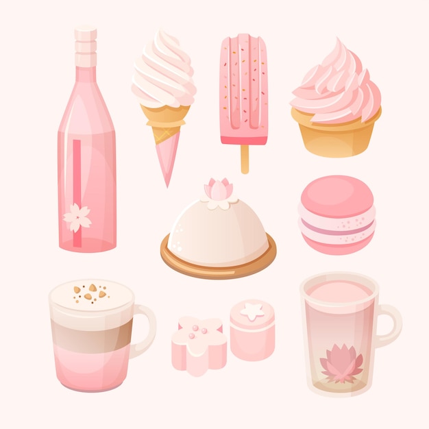 Set van verschillende pastel roze gekleurde snoepjes en desserts. Sakura-seizoensthema-eten.