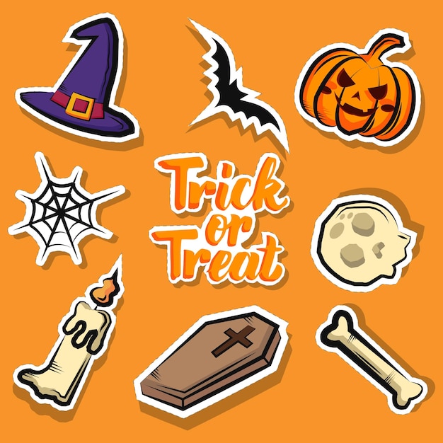Set van verschillende patches, pinnen, stempels of stickers. Halloween Hand getekend trendy vectorillustraties.