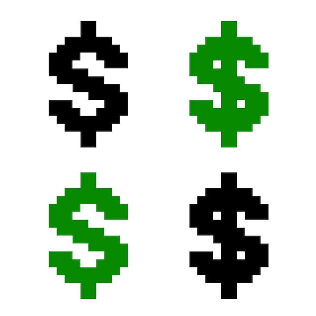 Set van verschillende pixel dollarteken geïsoleerd op een witte achtergrond. Geld pictogram valuta teken vectorillustratie.