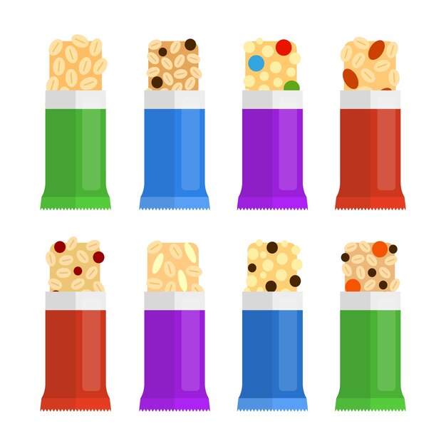 Vector set van verschillende platte kleurrijke granola bars in onbedekte verpakking geïsoleerd op witte achtergrond