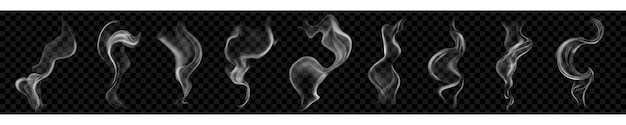 Set van verschillende realistische transparante grijze rook of stoom Voor gebruik op donkere achtergrond Transparantie alleen in vectorformaat
