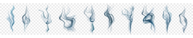 Set van verschillende realistische transparante rook of stoom in lichtblauwe kleuren, voor gebruik op een lichte achtergrond. Transparantie alleen in vectorformaat