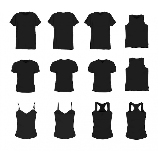 Vector set van verschillende realistische zwarte t-shirt voor man en vrouw. voor- en achteraanzicht. shirt mouwloos, korte mouw, singlet, tanktop. illustratie collectie.