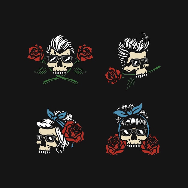 Set van verschillende rockabilly rose skull handgemaakte vectorillustratie