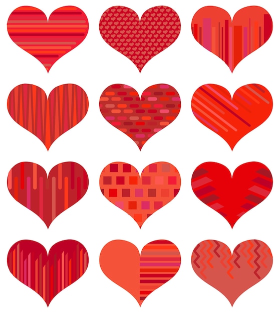 Set van verschillende rode harten Twaalf harten geïsoleerd op witte achtergrond Symbool van liefde