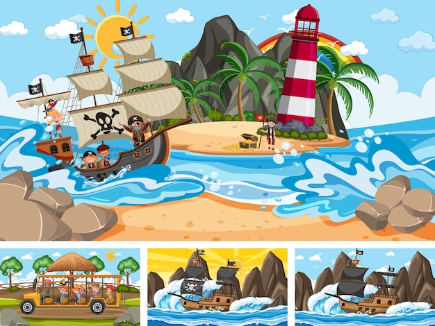 Set van verschillende scènes met piratenschip op zee en dieren in de dierentuin