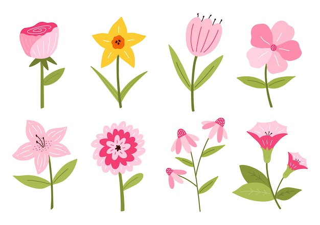 Set van verschillende schattige bloemen in de hand getekende vlakke stijl Botanische clipart