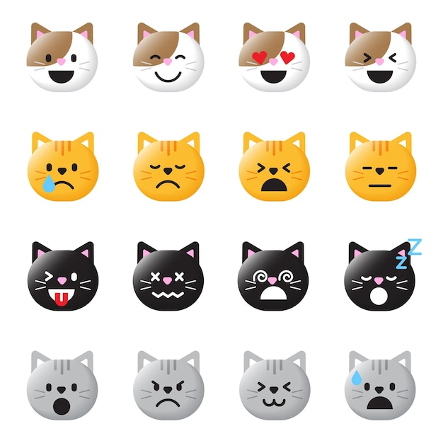 Set van verschillende schattige cartoon kat kitten kitty meow maew huisdier dier gezicht emoji emotie 3d plat isoleren