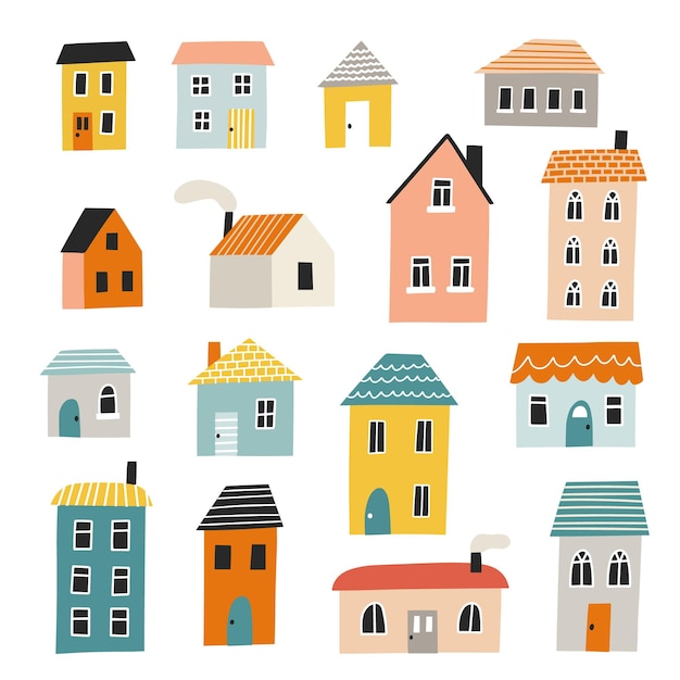 Vector set van verschillende schattige huizen hand getrokken vector illustratie geïsoleerde elementen