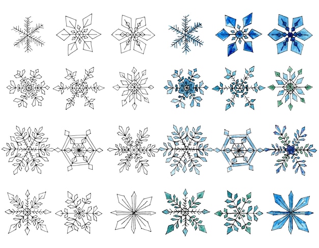 Set van verschillende sneeuwvlokken. Hand getekend. Aquarel en liner